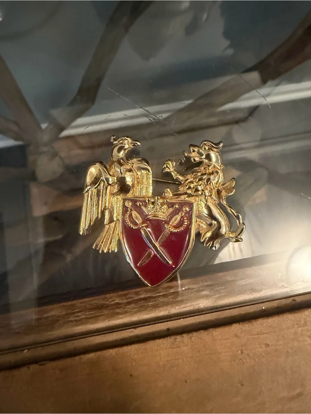 Vintage frat coat of arms 1985 insignia APOGold Crest Shield Pin with Red Enamel